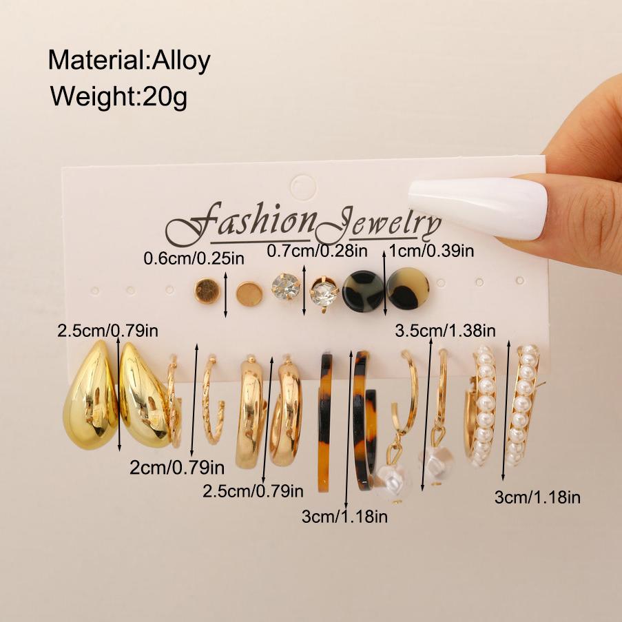 A 9-piece set of high-end retro pearl card earrings featuring cross-border alloy ear rings and square geometric shapes from Europe and America details Picture