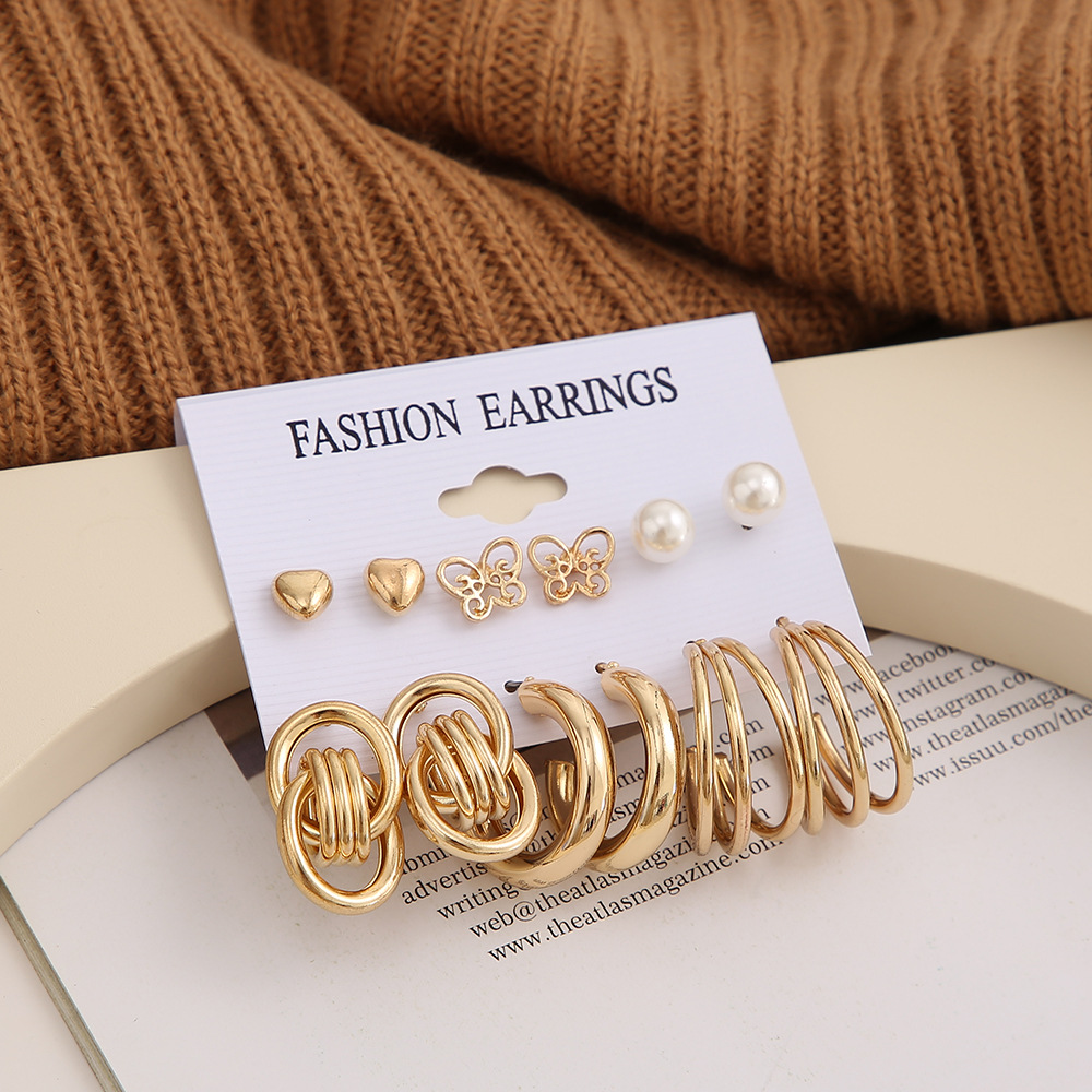 Han Zhishang's InS-style cross-border new gold earrings, creative heart-shaped butterfly geometric twist stud earrings 6-piece set Specification drawing