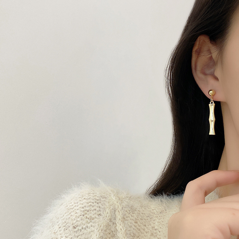 S925 Silver needle Chinese style bamboo joint design stud earrings, long tassel for women, high-end feel, versatile and popular earrings Specification drawing