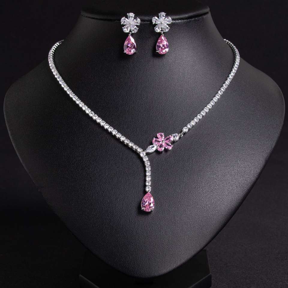 2025 Cross-border New Water Drop Flower Zircon Necklace and Earring Set, Hand-inlaid Zircon Exquisite jewelry set detail image 7