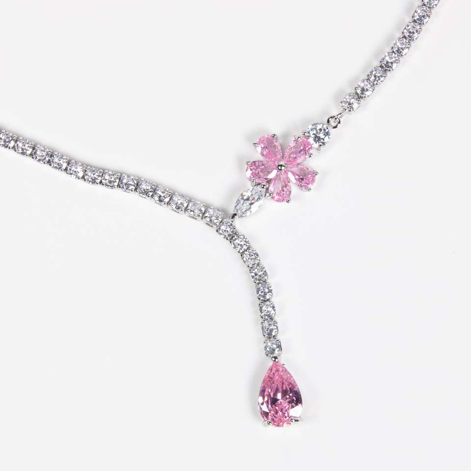 2025 Cross-border New Water Drop Flower Zircon Necklace and Earring Set, Hand-inlaid Zircon Exquisite jewelry set Specification image
