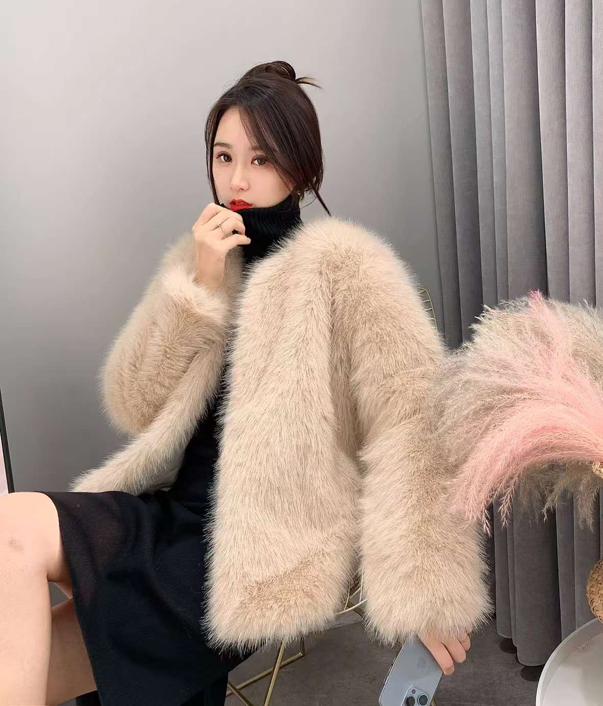 外套女秋冬中长款皮毛一体大衣水貂绒皮草2025新款v领