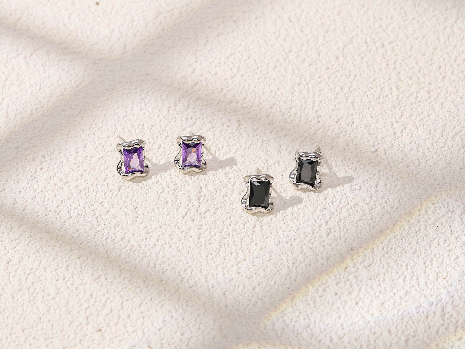Xuhui brand exquisite and light luxury copper plated with real gold and set with zircon 925 silver needle colored gemstone rectangular fashionable and elegant stud earrings Item Picture