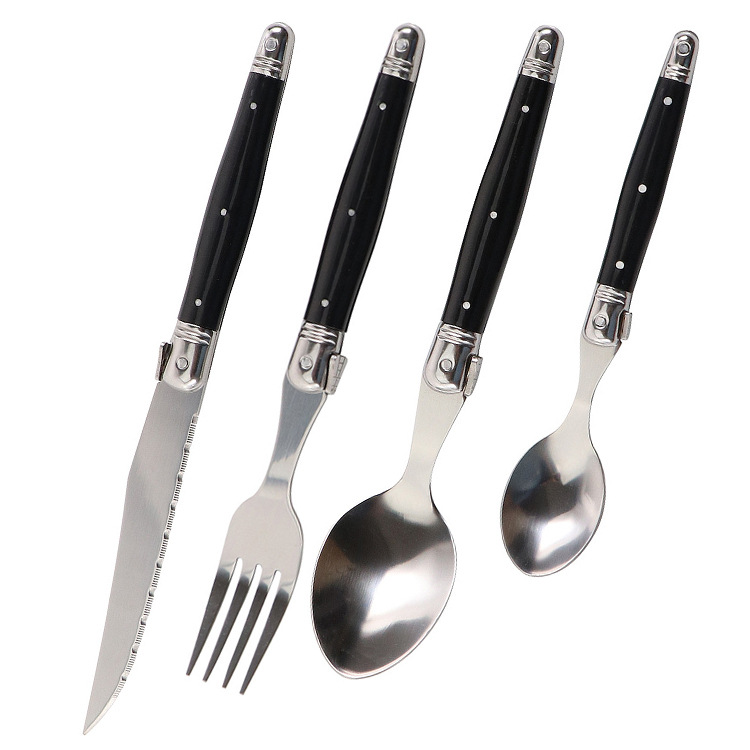Stainless steel household knife, fork, spoon and spoon set, milky white plastic handle, steak knife, steak fork, spoon, steak, Western cuisine Application Scenario