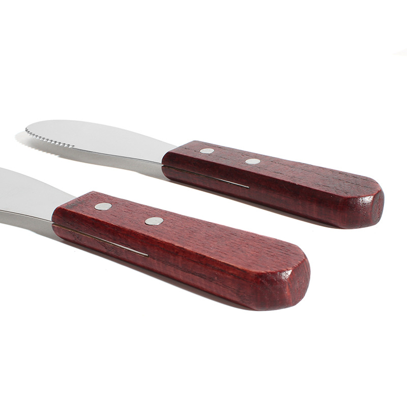 In stock: Stainless steel, wooden-handled, serrated cheese knife, cheese knife, butter scraper with a smooth texture, cheese knife Application Scenario