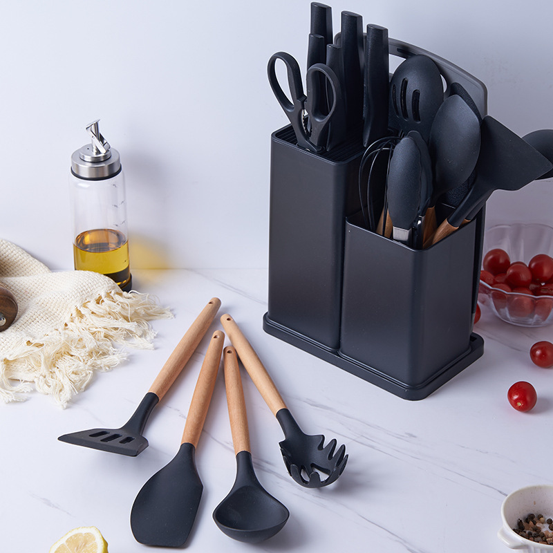 Silicone kitchenware set of 19 pieces, knife combination set, storage cylinder, straw color set, knife holder, storage rack Application Scenario