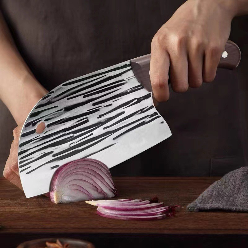 This is a popular online celebrity striped hammer-patterned hand-forged slicing knife, a multi-functional dual-purpose fish head knife, and a sharp kitchen meat slicer details Picture