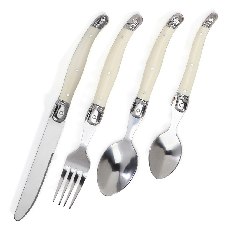 Household knife, fork and spoon set, milky white plastic handle, steak knife, steak fork and spoon, stainless steel tableware full figure