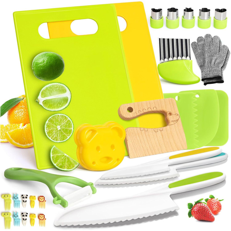 Factory direct supply of anti-cut children's knife sets, children's fruit knives, baby food tool sets, plastic kitchen toys full figure