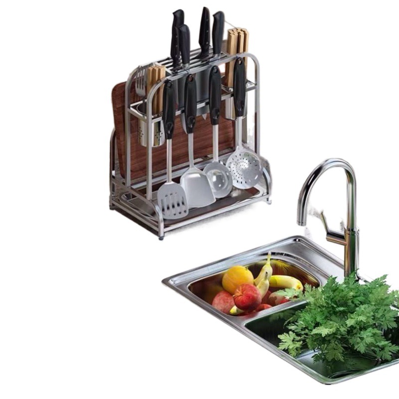 304 stainless steel kitchen knife rack, storage rack, chopping board, knives, multi-functional chopstick cage integrated storage and placement rack Item Picture