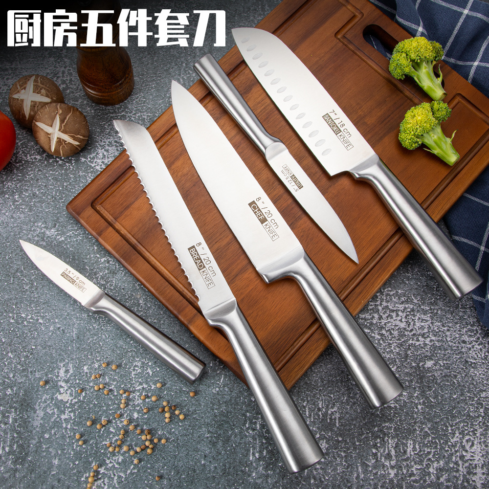 All-steel five-piece knife sets for foreign trade, stainless steel chef knives, kitchen cutting knives, factory in stock full figure