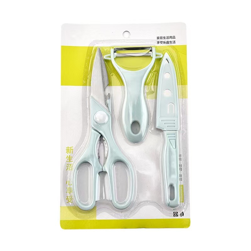 In stock: stainless steel fruit knife, kitchen scissors, peeler, small cutting board set, portable knife, scissors, planer and cutting board combination details Picture