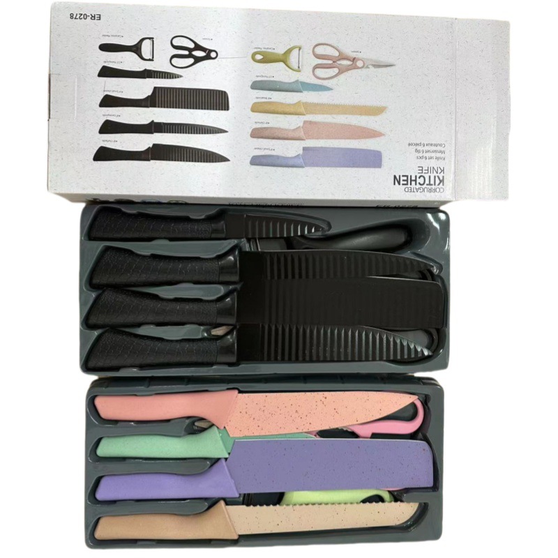 Popular export factory wholesale 238A non-stick corrugated knife black wavy pattern six-piece knife set gift color box Item Picture