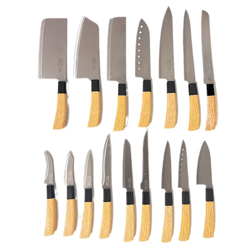 Yangjiang in-stock banana handle kitchen knife set, plastic handle fruit knife set, kitchen knife and chef knife 16-piece set Item Picture