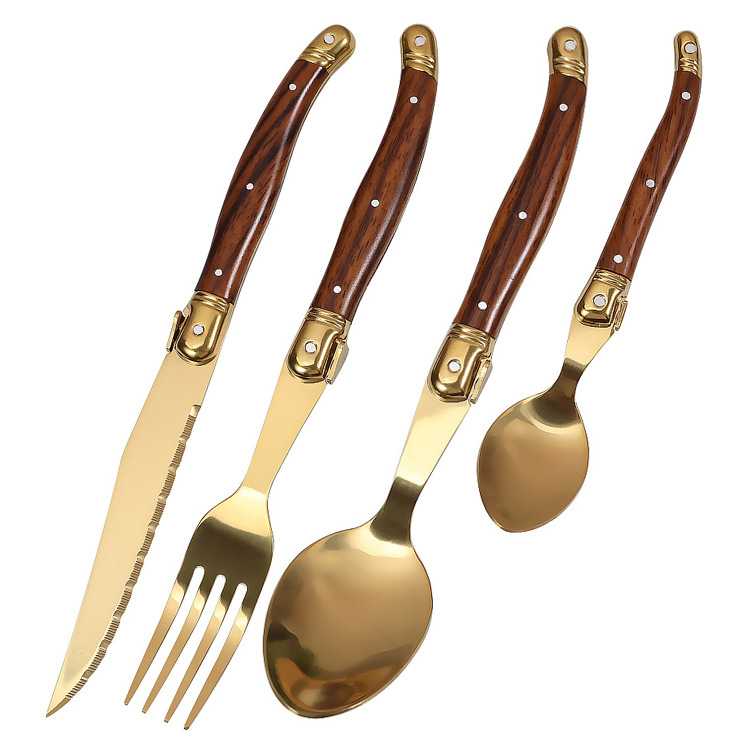 Gold-plated plate with wood-grain handle, steak knife, dining knife, fork, soup spoon Item Picture