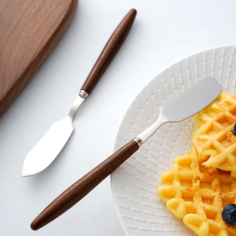 Cross-border new products: 304 stainless steel butter knife, walnut wood handle, long handle, jam butter spatula, cream piping knife Specification drawing