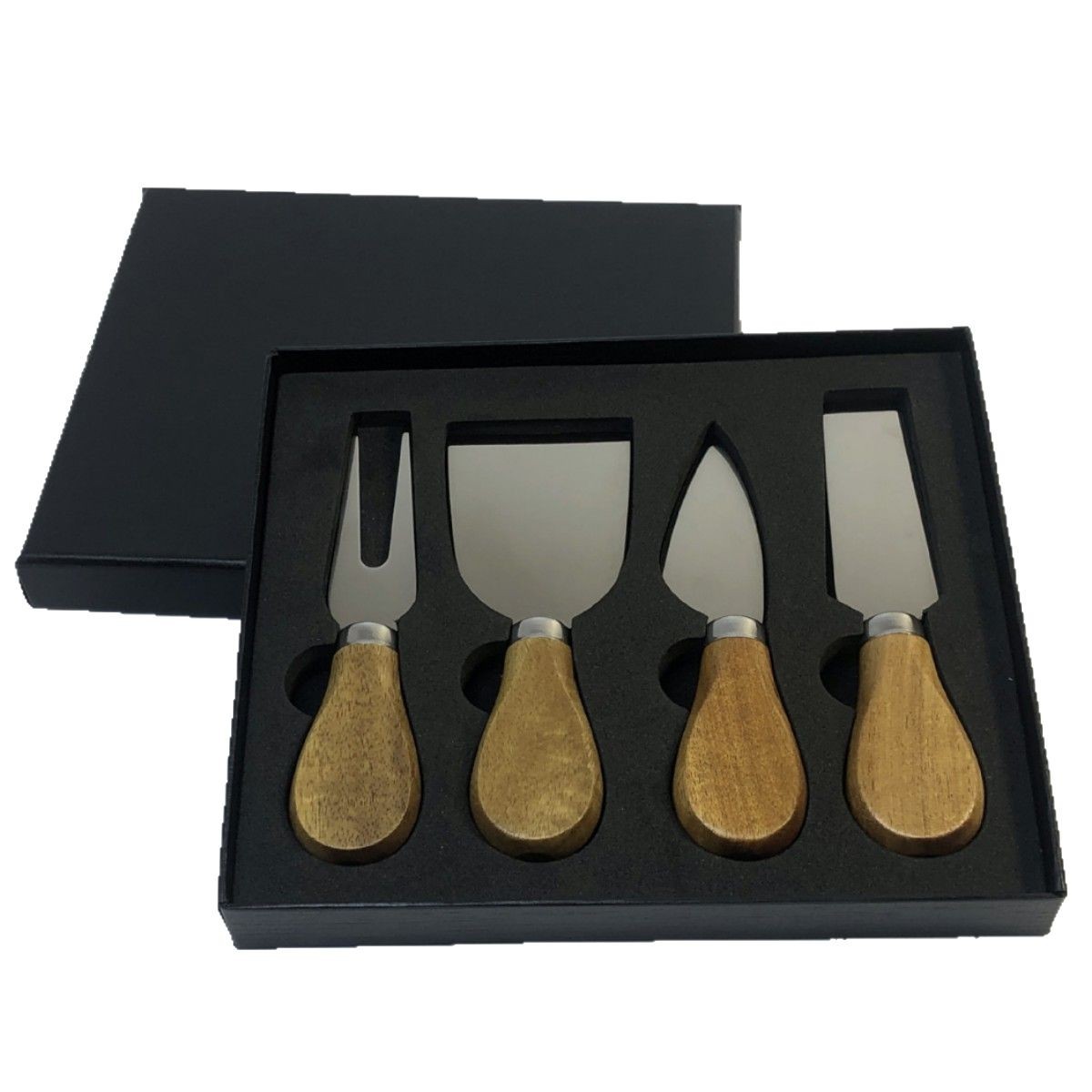 Factory stock: 4-piece black gift box of acacia wood-handled pizza knife and butter knife, stainless steel cheese and cheese knife Item Picture