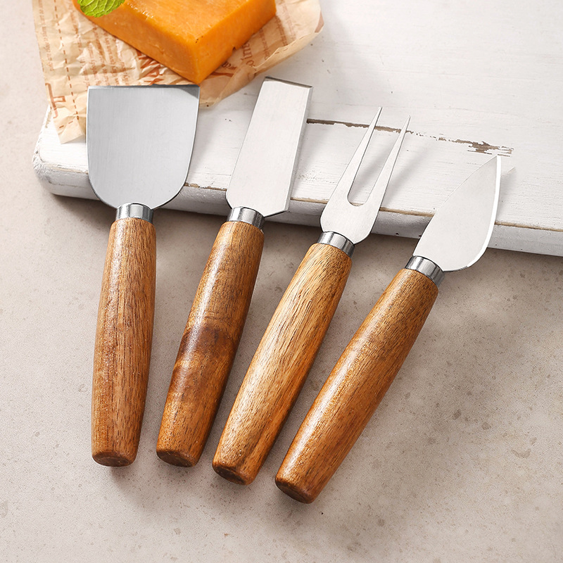 Cheese knife set, stainless steel cheese knife, wooden handle cheese butter knife and fork set, European-style baking cheese butter knife full figure
