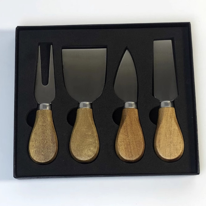 Factory stock: 4-piece black gift box of acacia wood-handled pizza knife and butter knife, stainless steel cheese and cheese knife full figure