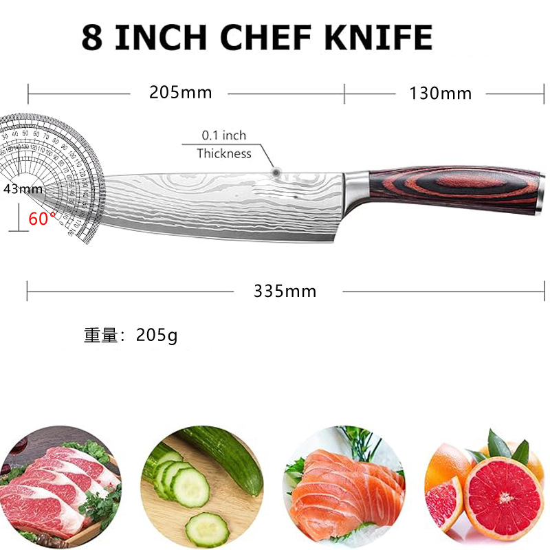 Cross-border best-selling 8-inch chef's knife, high-carbon stainless steel sharp kitchen knife, colored wooden handle Damascus pattern chef's knife Application Scenario