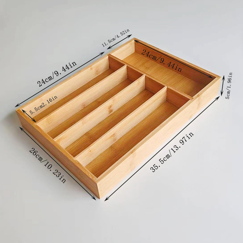 Bamboo five-compartment knife and cookware box storage box, tableware and spoon storage box, storage supplies drawer storage compartment Specification drawing