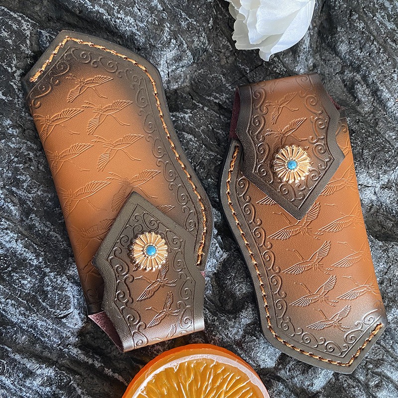 New leather folding knife case, home knife case, small folding knife pocket knife case, retro Chinese style, portable and collectible details Picture