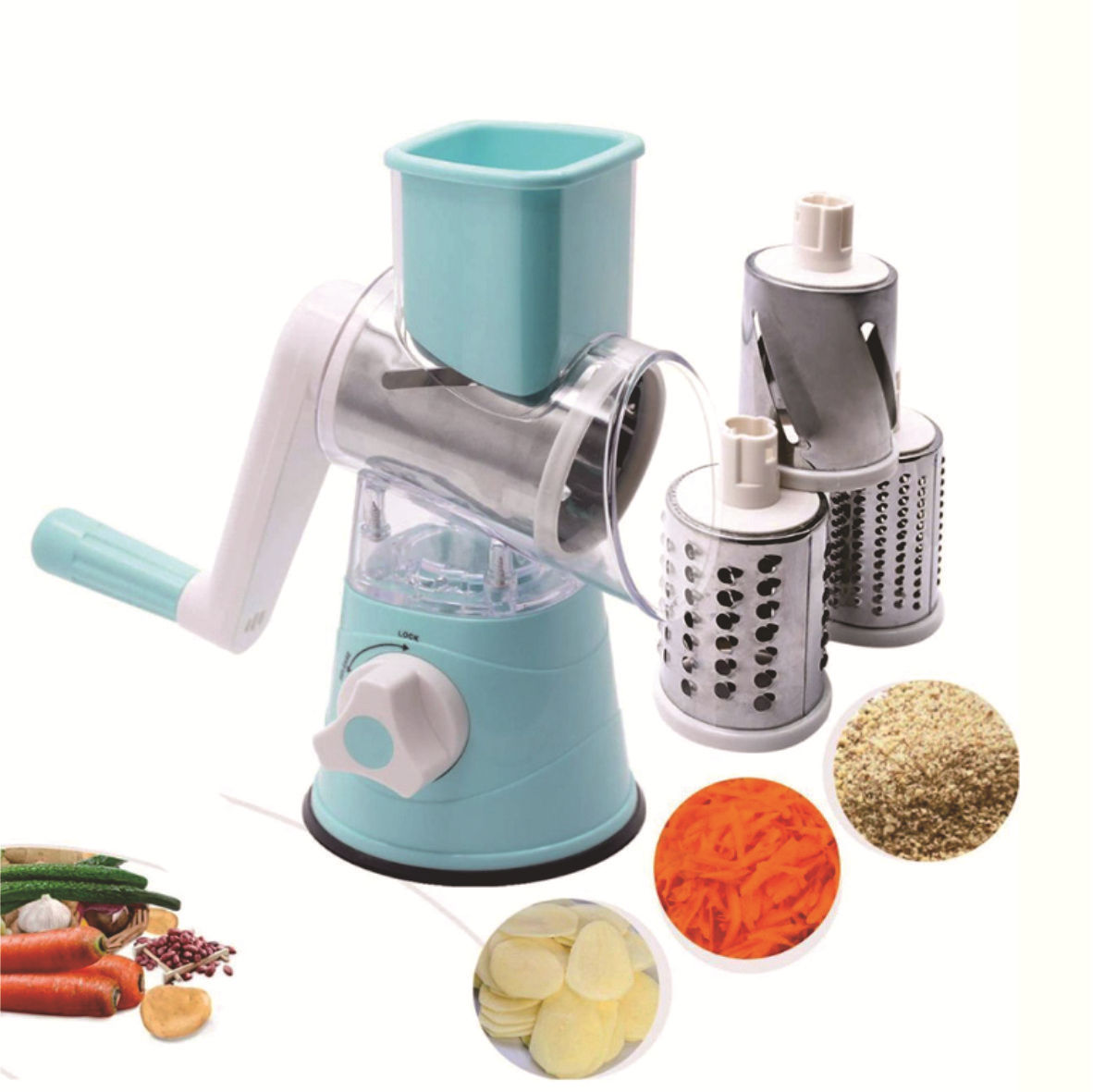 Cross-border hand-cranked drum vertical multi-functional vegetable cutter, grater and vegetable cutter, three types of knife heads, kitchen small tools Specification drawing