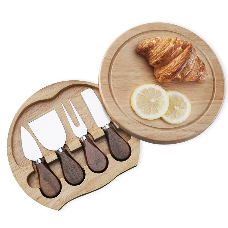 Gift box with walnut wood handle, round rubber wood box, cheese knife, stainless steel 4-piece cheese knife set Item Picture