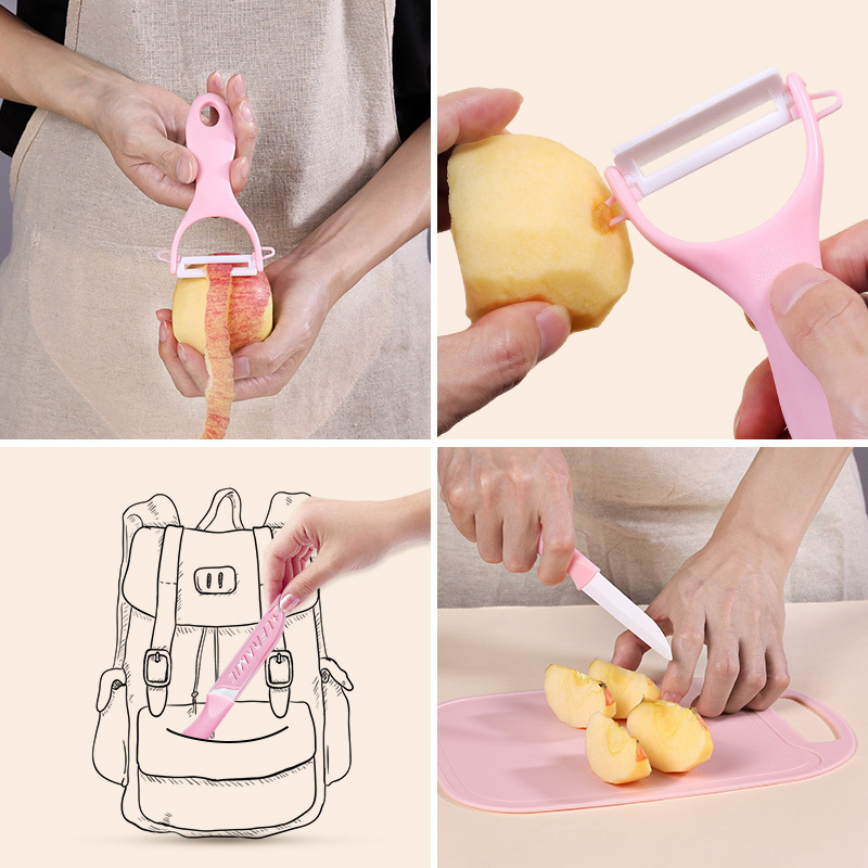 Wholesale of fruit knife, melon peeler, cutting board, three-piece set, ceramic peeler, fruit cutting board set, kitchen gift knives Specification drawing