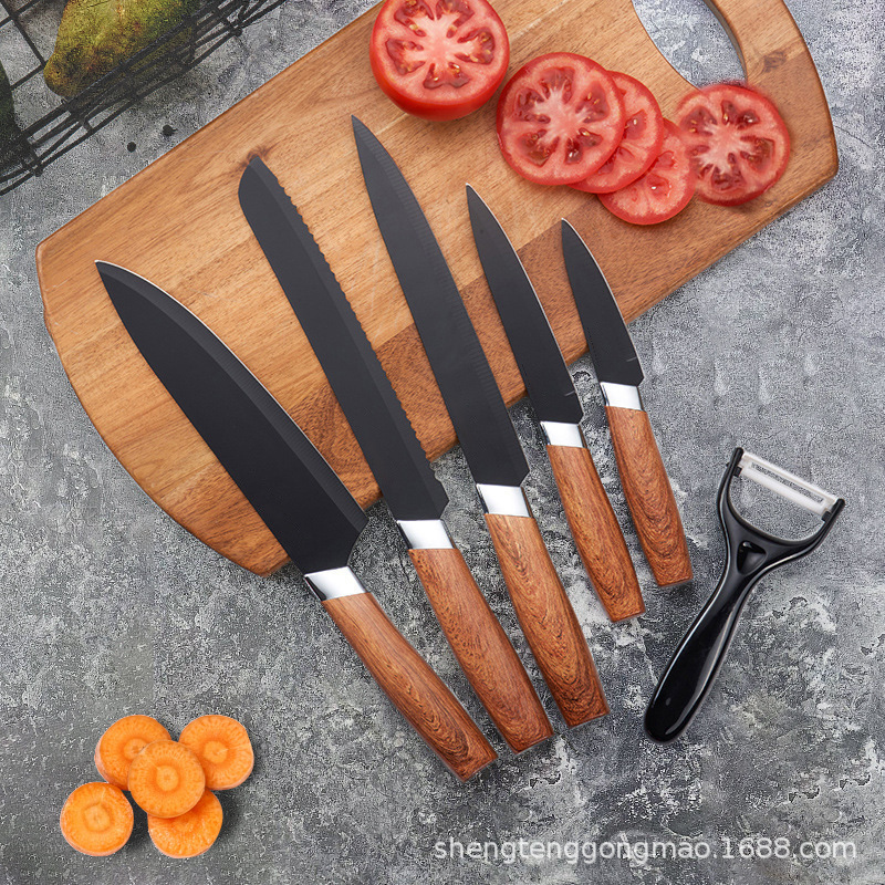 Wholesale foreign trade kitchenware, wood-grain handle, square bucket seat, stainless steel knife six-piece set, chef knife, fruit knife gift set full figure