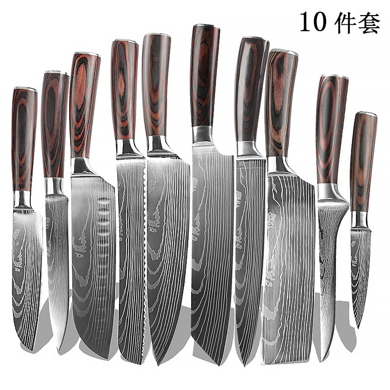 8-piece set of knife with wooden handle, 8-inch chef knife, kitchen knife set, Japanese knife, bread knife, slicing knife, fruit knife in stock full figure