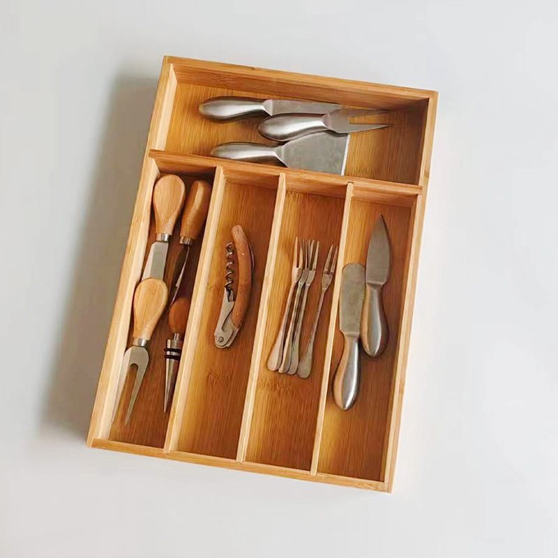 Bamboo five-compartment knife and cookware box storage box, tableware and spoon storage box, storage supplies drawer storage compartment details Picture
