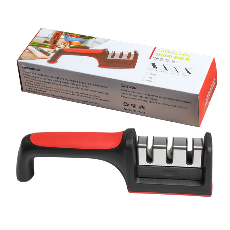 In-stock household quick knife sharpener, three-stage whetstone, multi-functional kitchen handheld stainless steel red and black knife sharpener full figure