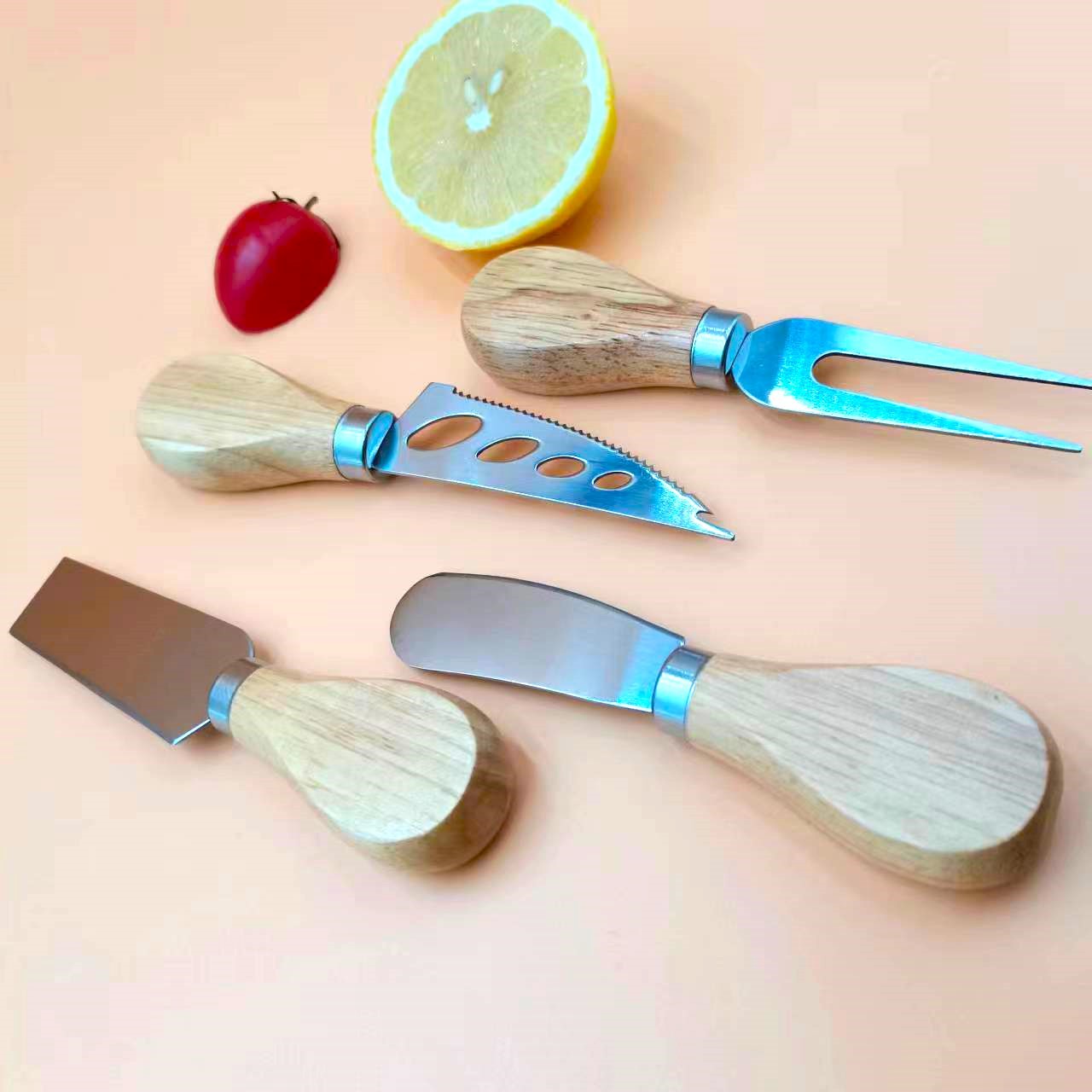 Woodblock cheese knife six-piece set, butter knife, cheese pizza knife, baking cheese knife set Specification drawing