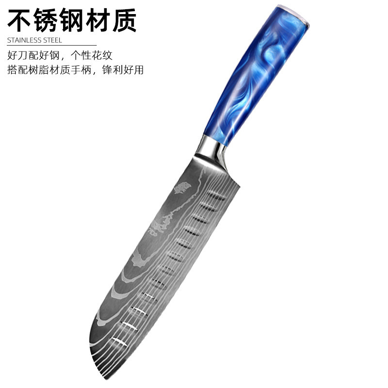 Kitchen knife, household Western Santoku knife, Japanese cooking knife, resin handle, Damas laser-patterned kitchen knife details Picture