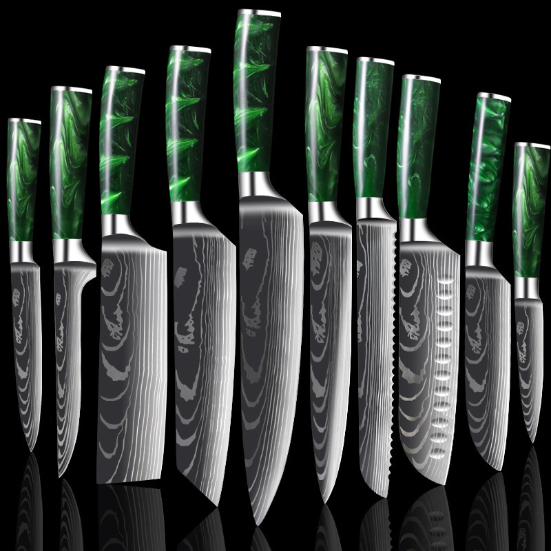 Cross-border foreign trade green resin Damask pattern chef's knife set, meat slicing knife, Santoku knife, Japanese knife details Picture