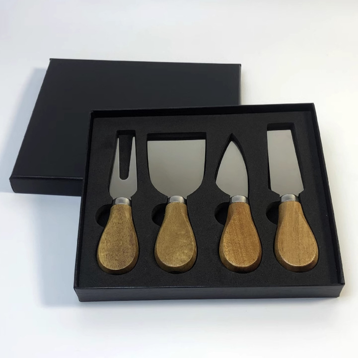 Factory stock: 4-piece black gift box of acacia wood-handled pizza knife and butter knife, stainless steel cheese and cheese knife details Picture
