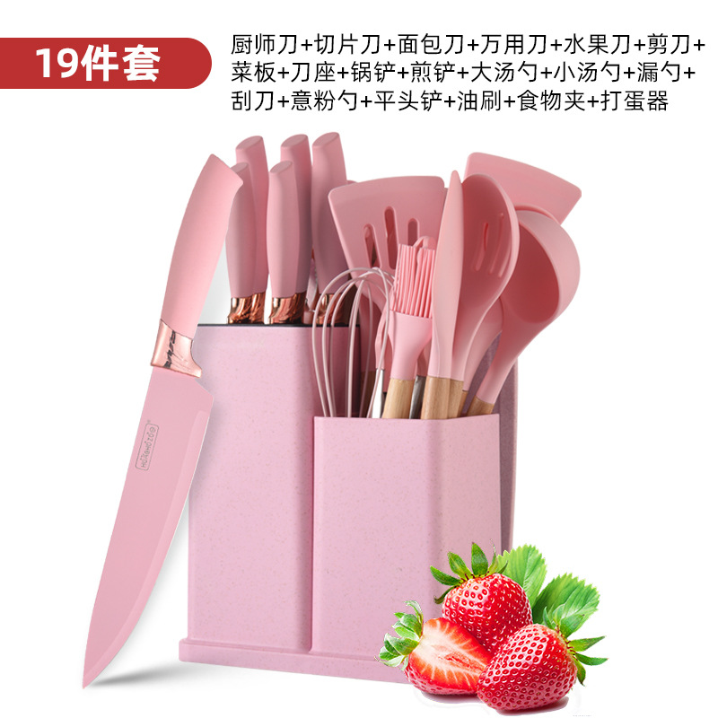 A 19-piece set of kitchen silicone knives, kitchen knife set, vegetable cutting spoon, spatula, non-stick pan with storage bucket combination Application Scenario