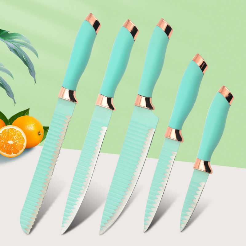 Tiffany Blue double-sided color-absorbing card kitchen set, double electroplated head wavy rose gold stainless steel knife full figure