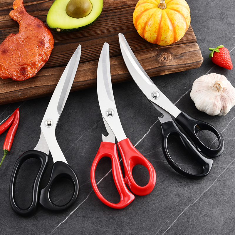 Korean-style stainless steel curved blade barbecue scissors, a comprehensive collection of kitchen scissors, household tools, chicken and steak barbecue scissors full figure