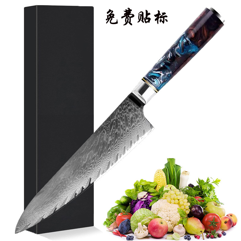 In stock Damascus steel chef knives, household VG10 kitchen knives, Western-style slicing and meat cutting, wholesale from Sande Knives Factory full figure