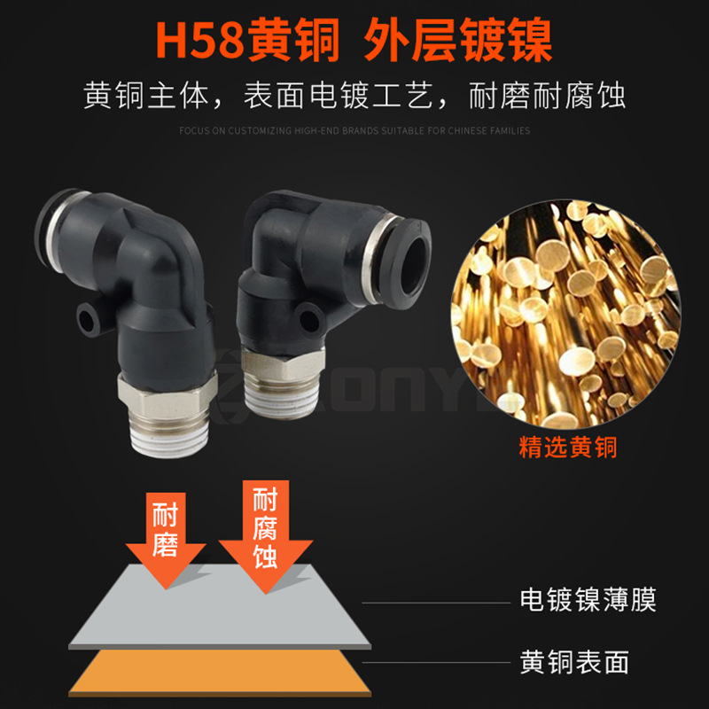 Black pneumatic air pipe connector quick plug, 90-degree L-shaped elbow PL4-M5/6-01/8-02/10-03 Specification drawing