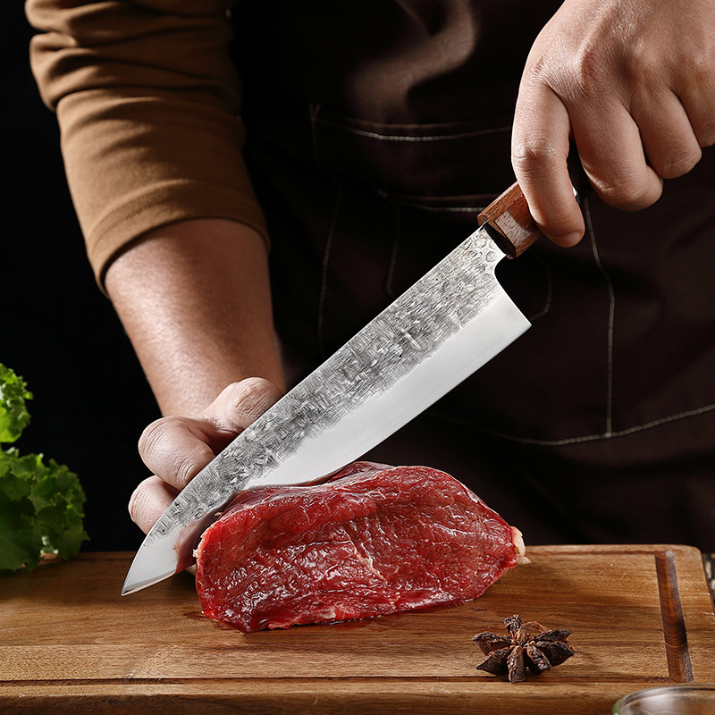 Forged chef's Japanese Santoku knife, octagonal handle, ebony kitchen knife, hand-hammered stainless steel ox knife, cutting set, small kitchen knife details Picture
