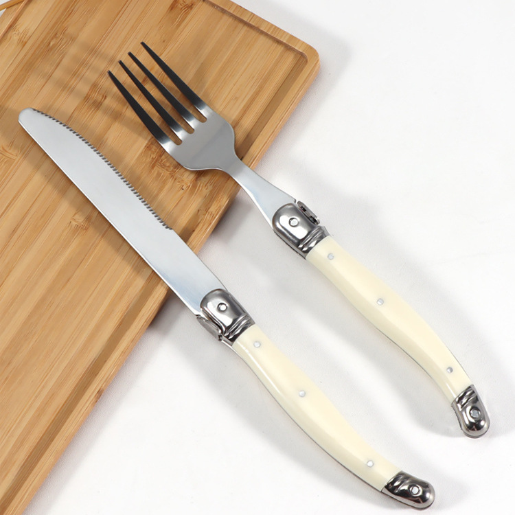 Household knife, fork and spoon set, milky white plastic handle, steak knife, steak fork and spoon, stainless steel tableware Specification drawing