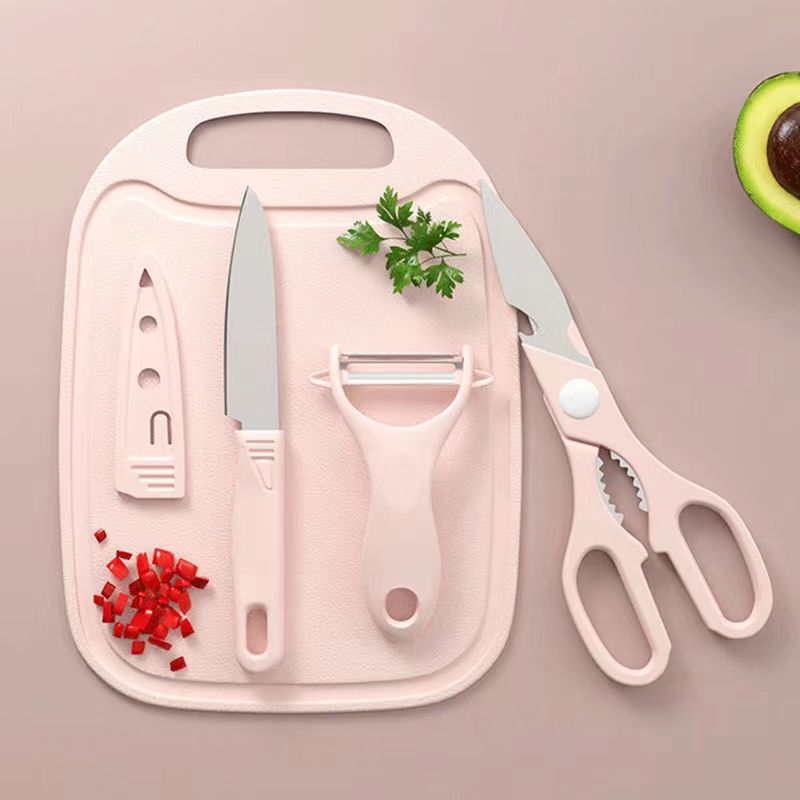 Knife set, simple gift set, fruit knife, melon peater, Yangjiang knife, stainless steel four-piece set, cutting board scissors Specification drawing