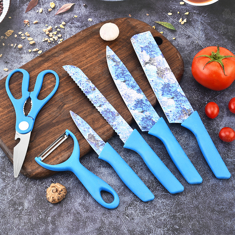 Wholesale of 6-piece sets of stainless steel color-printed kitchen knives and household kitchen auxiliary food knife sets in stock full figure