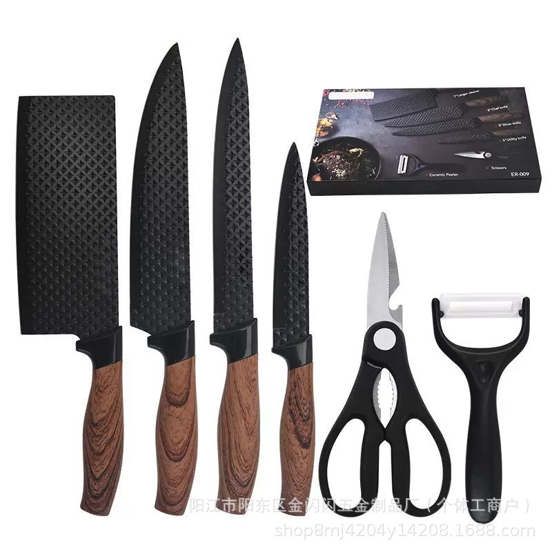 Cross-border best-selling stainless steel fat-coated handle six-piece set of kitchen knives, chef's fruit knives and kitchen knife sets Item Picture