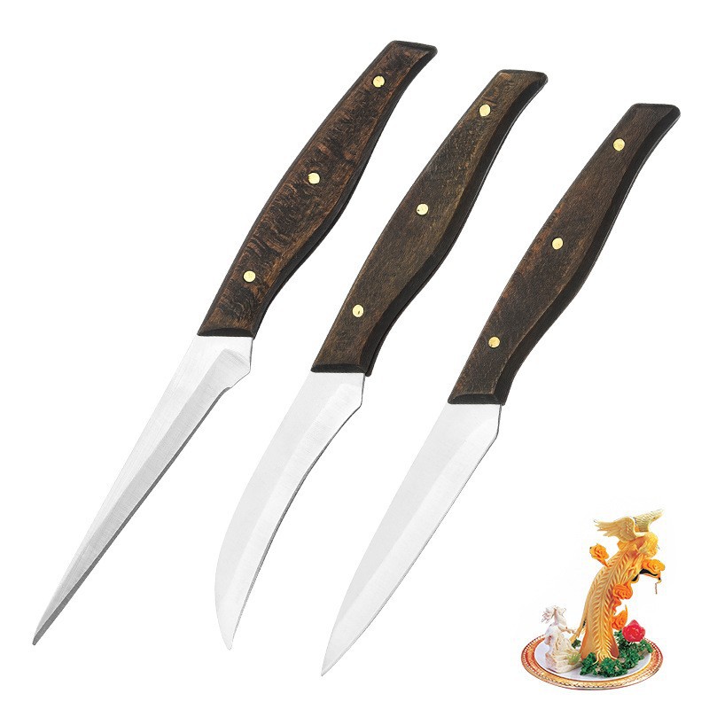 In-stock food engraving knife set of three pieces, stainless steel boning knife, fruit platter engraving knife, chef engraving knife full figure