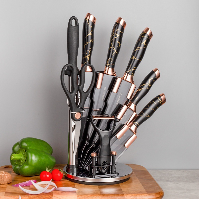 Knife set, rotating base, kitchen knife set, double electroplated head with knife base, marble-patterned handle, nine-piece set combination Specification drawing