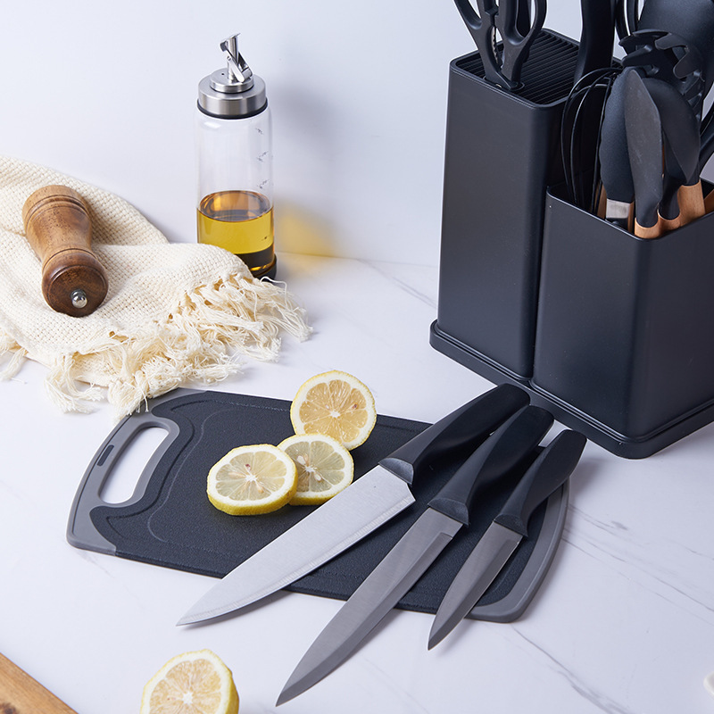Silicone kitchenware set of 19 pieces, knife combination set, storage cylinder, straw color set, knife holder, storage rack Specification drawing
